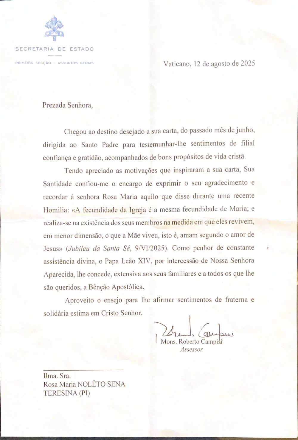 Carta da Bênção Apostólica enviada pela Santa Sé